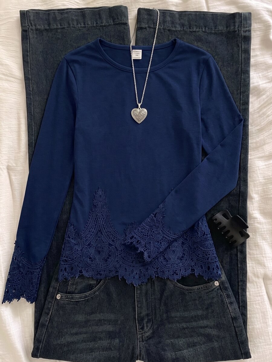 SHEIN Tween Girls Knit Light Tween Girl Grey Hem Contrast Lace Casual Long Sleeve T-Shirt Kids - Blue - View 1