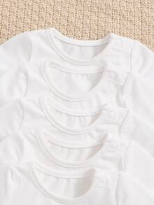 SHEIN Newborn Baby Boy/Girl 5pcs Soft Knitted Short Sleeve Bodysuits, Solid Color, Casual Style With Round Neck And Snap Closures Neutral - White - View 4