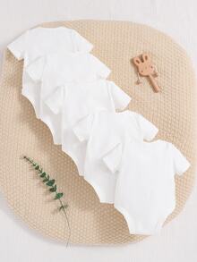 SHEIN Newborn Baby Boy/Girl 5pcs Soft Knitted Short Sleeve Bodysuits, Solid Color, Casual Style With Round Neck And Snap Closures Neutral - White - View 2