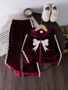 女童 2件組 秋冬長袖天鵝絨連帽外套 + 喇叭褲套裝，蕾絲蝴蝶結拉鍊運動衫，聖誕派對、生日禮物，秋冬款 - 酒紅色 - 查看 2