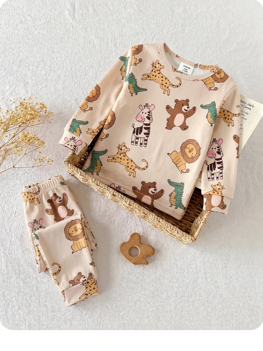 SHEIN Baby Boy Cute Casual Fitted Cartoon Pattern Knitted Long Sleeve Loungewear Set - Multicolor - View 1