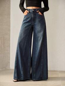 Anewsta Petite Quần jeans ống rộng màu xanh thời trang thường ngày mới cho nữ size PETITE - Màu xanh lam - Xem 2