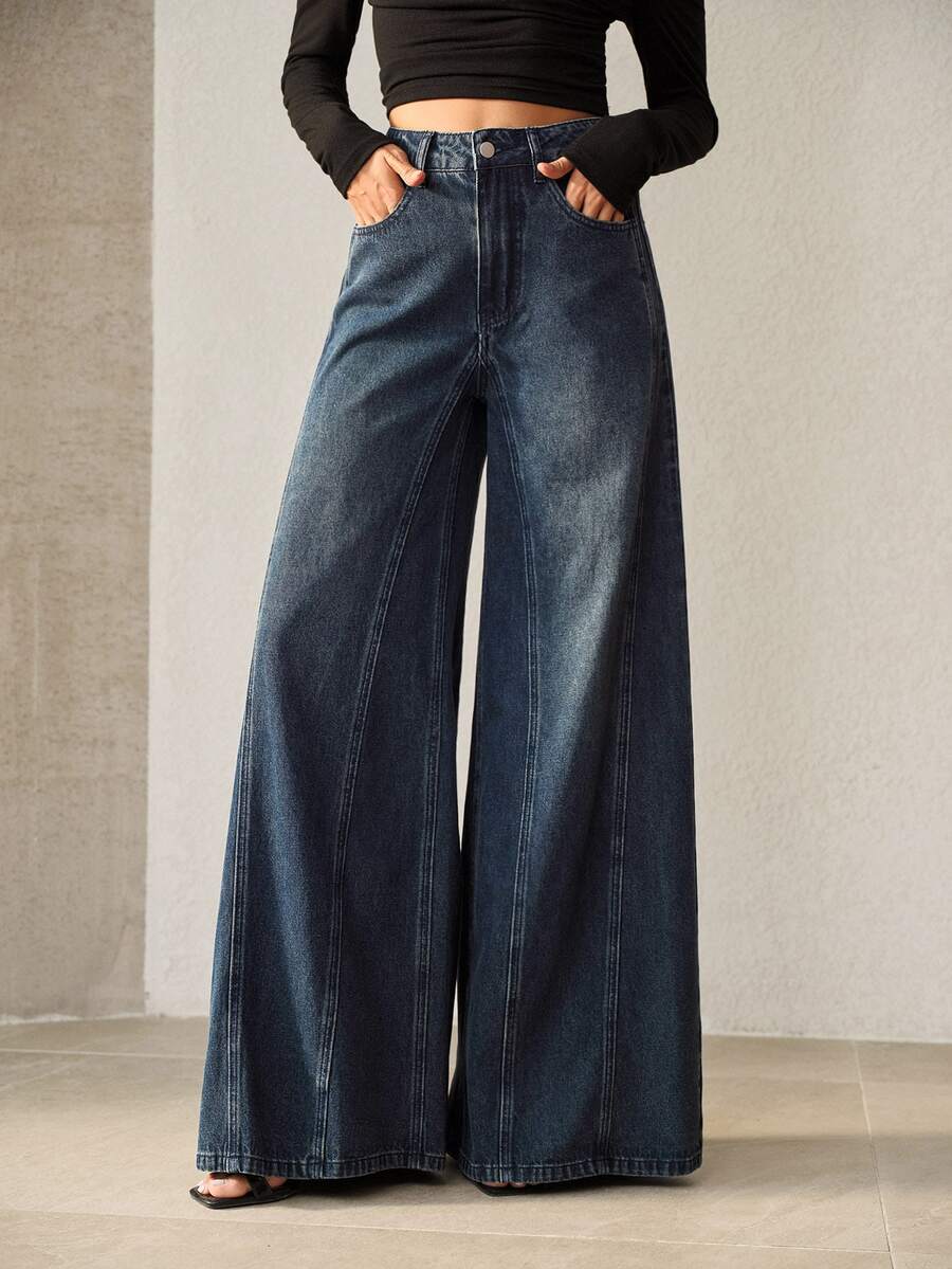 Anewsta Petite Women's New Casual Fashion Blue Wide Leg Jeans PETITE - Blue - View 1