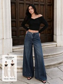 Anewsta Petite Quần jeans ống rộng màu xanh thời trang thường ngày mới cho nữ size PETITE - Màu xanh lam - Xem 1