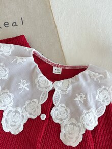 SHEIN 2件組女嬰針織開襟外套與長褲套裝，可愛駱駝色蕾絲花卉刺繡，長袖圓領，休閒正裝，適合秋季假期、萬聖節、聖誕節優雅穿搭 - 紅色 - 查看 5