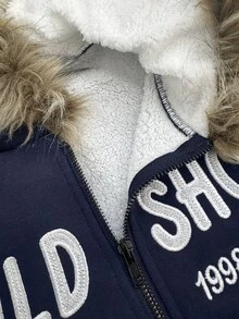 SuriyaCove Y2K Millennium Hot Girl Fur Collar Hooded Vintage Letter Print Zipper Long Sleeve Sweatshirt - Black - View 4