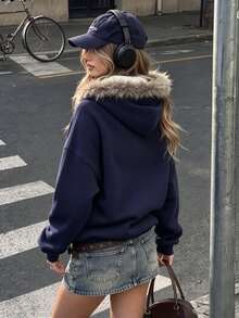 SuriyaCove Y2K Millennium Hot Girl Fur Collar Hooded Vintage Letter Print Zipper Long Sleeve Sweatshirt - Black - View 2