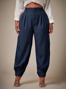 Radiana Curve Plus Size Casual Navy Blue Pleated Pocket Pants For Business Formal Office Summer - Navy Blue - View 8