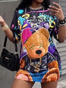 Rovax Women's Casual T-Shirt | Cartoon Print, Loose Fit, Short Sleeve, Round Neck, Lightweight & Stretchy Fabric | Spring/Summer Fashion, Comfortable Fit - Multicolor - View 3