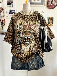 Rovax 女款全豹紋圓領短袖T恤 兇猛豹頭圖案 落肩寬鬆休閒街頭風 棕色 夏季旅行 - 彩色 - 查看 4
