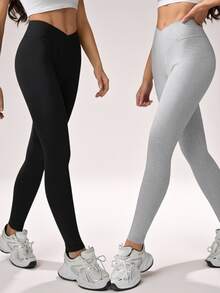 SHEIN Tall 女款極簡彈性V腰高腰修身長褲，適合高個女性 - 彩色 - 查看 2
