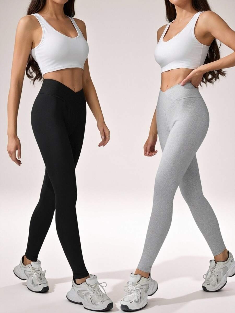 SHEIN Tall 女款極簡彈性V腰高腰修身長褲，適合高個女性 - 彩色 - 查看 1