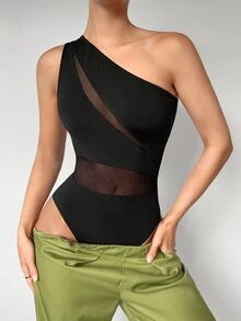 Maija Women's Splice Asymmetric Collar Bodysuit, Suitable For Wedding Club Night Out Going Out Guest, Halloween Black Sexy - Black - View 7