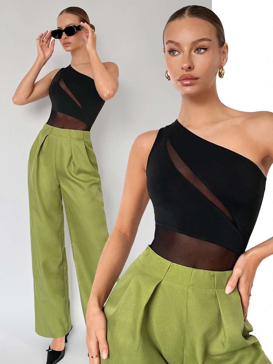Maija Women's Splice Asymmetric Collar Bodysuit, Suitable For Wedding Club Night Out Going Out Guest, Halloween Black Sexy