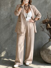 Ceyna Plus Size Women's French Casual Elegant Striped Blazer & Pants 2 Pieces Set Fall - Khaki - View 3