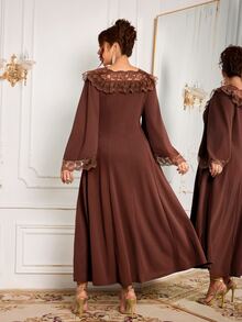 Modelyn Plus Size Women's Fashion Elegant X-Silhouette Square Neck Long Sleeve Lace Patchwork Autumn Long Dress - Brown - View 3