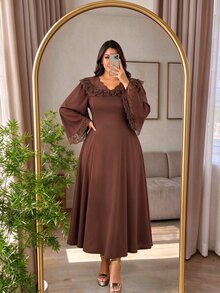 Modelyn Plus Size Women's Fashion Elegant X-Silhouette Square Neck Long Sleeve Lace Patchwork Autumn Long Dress - Brown - View 2
