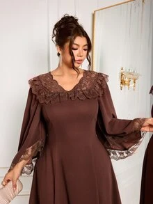 Modelyn Plus Size Women's Fashion Elegant X-Silhouette Square Neck Long Sleeve Lace Patchwork Autumn Long Dress - Brown - View 8