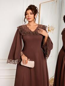 Modelyn Plus Size Women's Fashion Elegant X-Silhouette Square Neck Long Sleeve Lace Patchwork Autumn Long Dress - Brown - View 7
