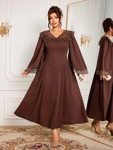 Modelyn Plus Size Women's Fashion Elegant X-Silhouette Square Neck Long Sleeve Lace Patchwork Autumn Long Dress - Brown - View 6
