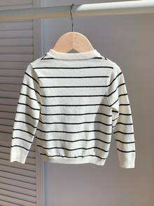 SHEIN Kids Cute Casual Versatile Black & White Striped Elastic Long Sleeve Crew Neck Autumn Sweater For Kids, Suitable For Kindergarten - Multicolor - View 2