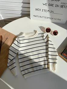 SHEIN Kids Cute Casual Versatile Black & White Striped Elastic Long Sleeve Crew Neck Autumn Sweater For Kids, Suitable For Kindergarten - Multicolor - View 7