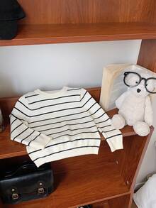 SHEIN Kids Cute Casual Versatile Black & White Striped Elastic Long Sleeve Crew Neck Autumn Sweater For Kids, Suitable For Kindergarten - Multicolor - View 4