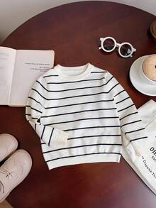 SHEIN Kids Cute Casual Versatile Black & White Striped Elastic Long Sleeve Crew Neck Autumn Sweater For Kids, Suitable For Kindergarten - Multicolor - View 5