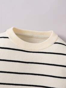 SHEIN Kids Cute Casual Versatile Black & White Striped Elastic Long Sleeve Crew Neck Autumn Sweater For Kids, Suitable For Kindergarten - Multicolor - View 8