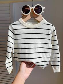 SHEIN Kids Cute Casual Versatile Black & White Striped Elastic Long Sleeve Crew Neck Autumn Sweater For Kids, Suitable For Kindergarten - Multicolor - View 6