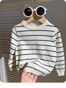 SHEIN Kids Cute Casual Versatile Black & White Striped Elastic Long Sleeve Crew Neck Autumn Sweater For Kids, Suitable For Kindergarten - Multicolor - View 1