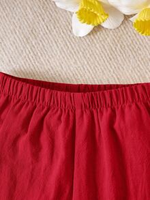SHEIN Baby Girl Solid Color Ruffle Trim Top & Pants 2 Pieces Outfit, Summer Vacation - Red - View 6