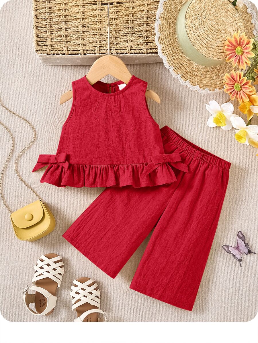 SHEIN Baby Girl Solid Color Ruffle Trim Top & Pants 2 Pieces Outfit, Summer Vacation - Red - View 1