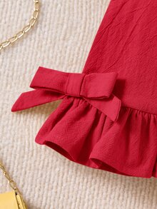 SHEIN Baby Girl Solid Color Ruffle Trim Top & Pants 2 Pieces Outfit, Summer Vacation - Red - View 3