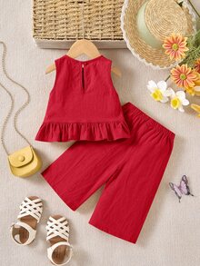 SHEIN Baby Girl Solid Color Ruffle Trim Top & Pants 2 Pieces Outfit, Summer Vacation - Red - View 2