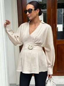 MaterniWear Solid Color Minimalist V-Neck Metal Decor High Waist Maternity Top Fall - Apricot - View 4