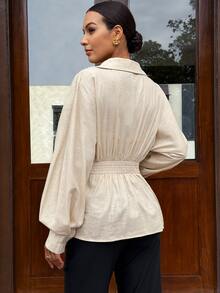MaterniWear Solid Color Minimalist V-Neck Metal Decor High Waist Maternity Top Fall - Apricot - View 8