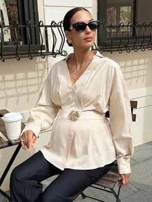 MaterniWear Solid Color Minimalist V-Neck Metal Decor High Waist Maternity Top Fall - Apricot - View 6