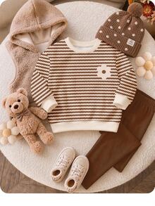 SHEIN Baby Girl Casual Minimalist Floral Pattern Striped Autumn Winter Sweatshirt And Sweatpants Set - Multicolor - View 1