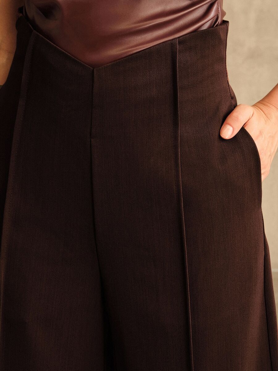 Anewsta Petite Autumn/Winter Solid Color Premium V-Waist High-Waisted Fashion Pocket Flare Leg Pants For Petite Women - Burgundy - View 1