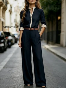 SHEIN Women's Elegant Casual Apricot & Navy Color Block V Neck Adjustable Long Sleeve Blouse & Wide Leg Pants 2 Piece Set, Fall Business Outfit, No Belt - Navy Blue - View 5
