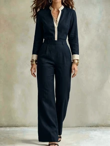 SHEIN Women's Elegant Casual Apricot & Navy Color Block V Neck Adjustable Long Sleeve Blouse & Wide Leg Pants 2 Piece Set, Fall Business Outfit, No Belt - Navy Blue - View 4
