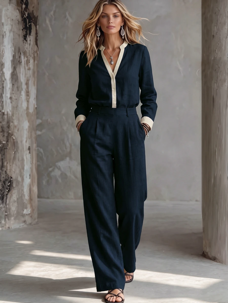 SHEIN Women's Elegant Casual Apricot & Navy Color Block V Neck Adjustable Long Sleeve Blouse & Wide Leg Pants 2 Piece Set, Fall Business Outfit, No Belt