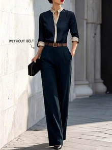 SHEIN Women's Elegant Casual Apricot & Navy Color Block V Neck Adjustable Long Sleeve Blouse & Wide Leg Pants 2 Piece Set, Fall Business Outfit, No Belt - Navy Blue - View 6