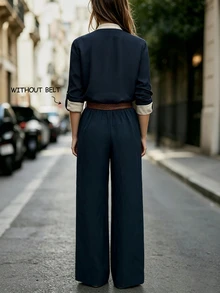SHEIN Women's Elegant Casual Apricot & Navy Color Block V Neck Adjustable Long Sleeve Blouse & Wide Leg Pants 2 Piece Set, Fall Business Outfit, No Belt - Navy Blue - View 3