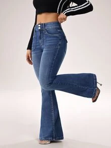 SHEIN Tall 女士牛仔裤 休闲紧身弹力喇叭牛仔裤 - 中等水洗藍 - 查看 3
