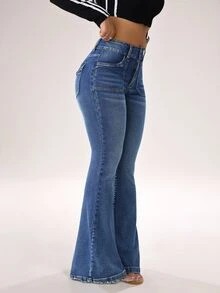 SHEIN Tall 女士牛仔裤 休闲紧身弹力喇叭牛仔裤 - 中等水洗藍 - 查看 5