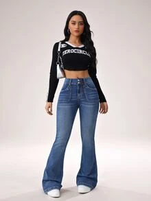 SHEIN Tall 女士牛仔裤 休闲紧身弹力喇叭牛仔裤 - 中等水洗藍 - 查看 8