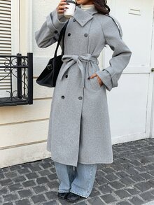 FavEase 2026 Autumn/Winter Leather Coat-Stand-Up Collar, Double Button Closure, Belted Waist,Casual And Elegant,Suitable For Business Office And Festive Wear. - Grey - View 7