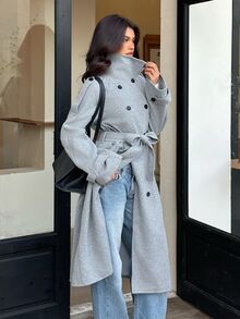 FavEase 2026 Autumn/Winter Leather Coat-Stand-Up Collar, Double Button Closure, Belted Waist,Casual And Elegant,Suitable For Business Office And Festive Wear. - Grey - View 3
